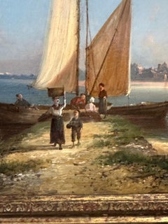 19th century Dutch Fishing Boats by the shore with fisherman and Village beyond