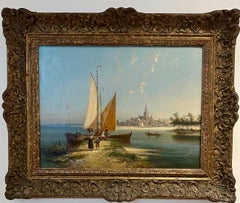 19th century Dutch Fishing Boats by the shore with fisherman and Village beyond