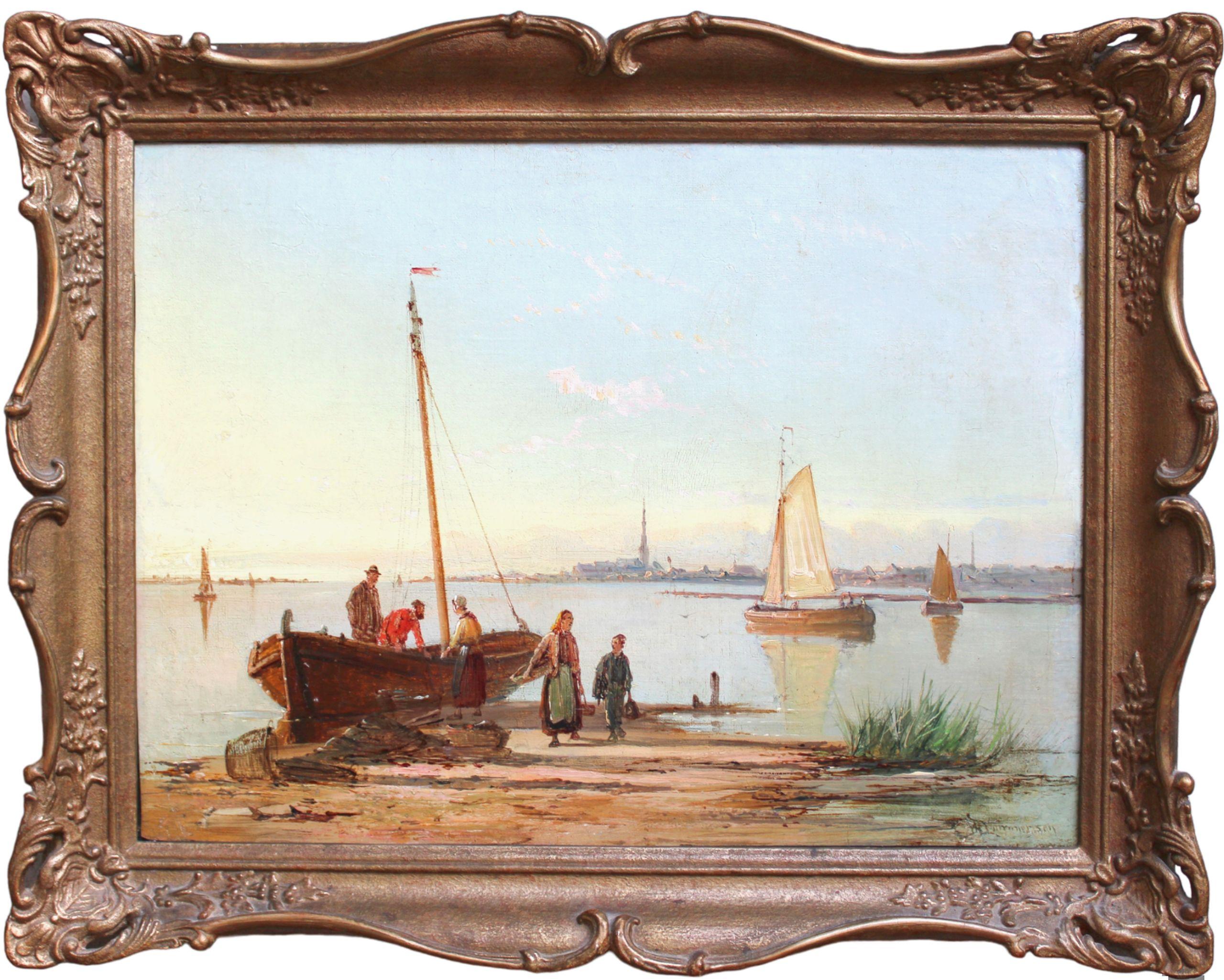 Paysage d'estuaire néerlandais  Huile sur toile, 30x40,5 cm - Painting de Dommersen, William Raymond