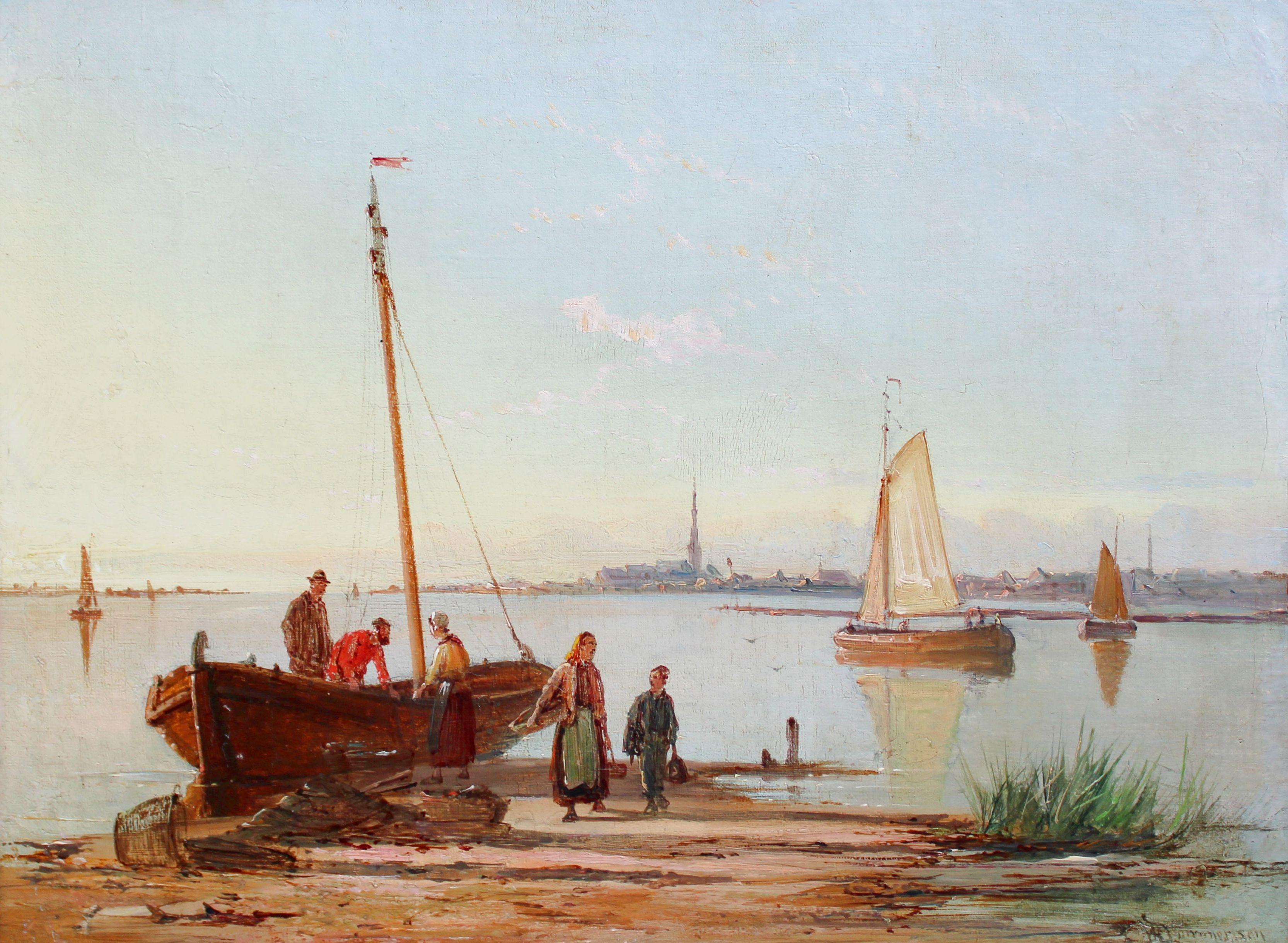 Landscape Painting Dommersen, William Raymond - Paysage d'estuaire néerlandais  Huile sur toile, 30x40,5 cm