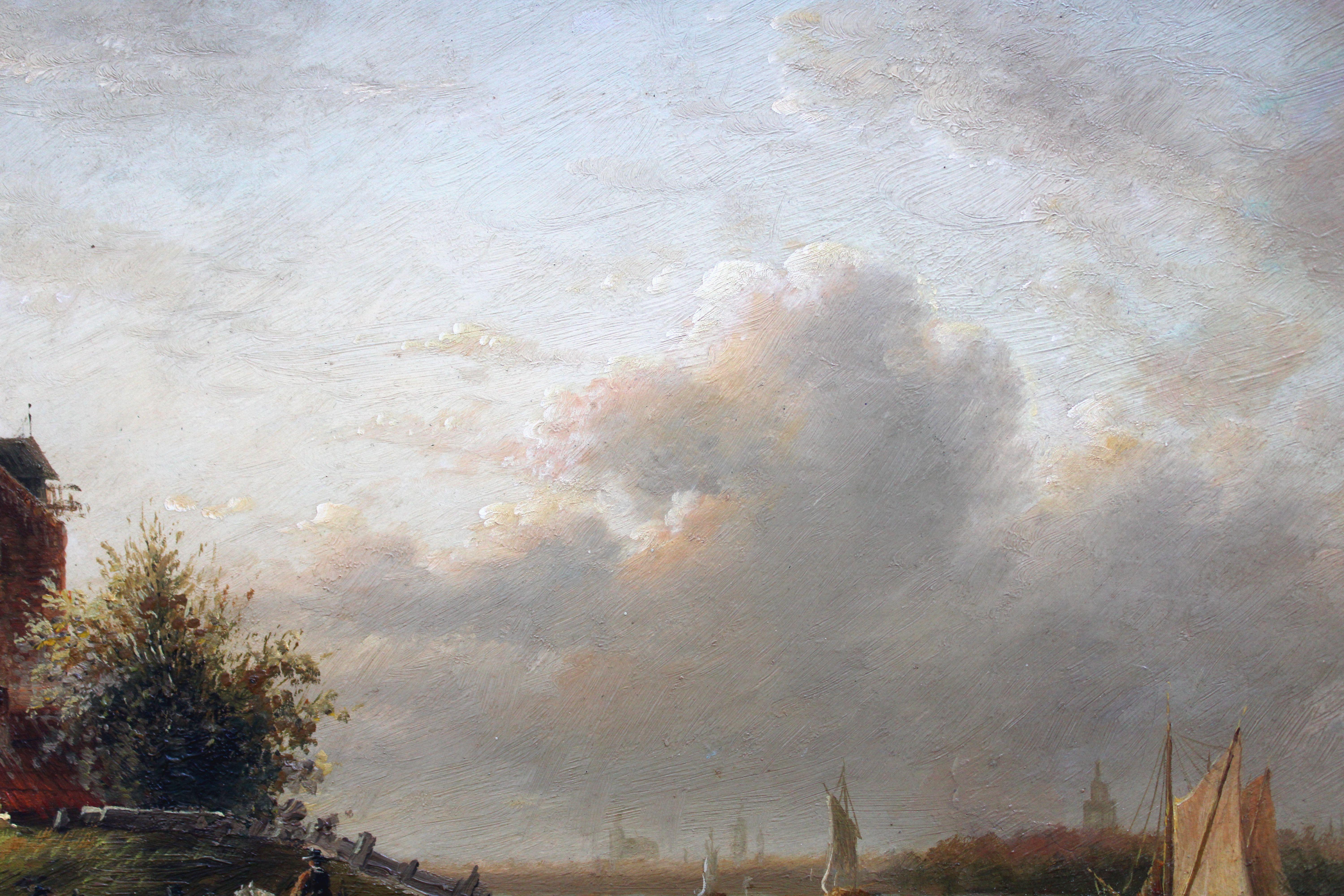 Evening landscape on the river. Wood, oil, 29x39 cm - Painting by Dommersen, William Raymond