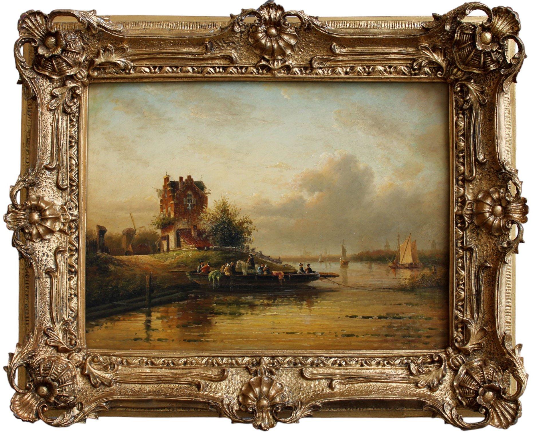 Abendlandschaft am Fluss. Holz, Öl, 29x39 cm, Holz (Realismus), Painting, von Dommersen, William Raymond