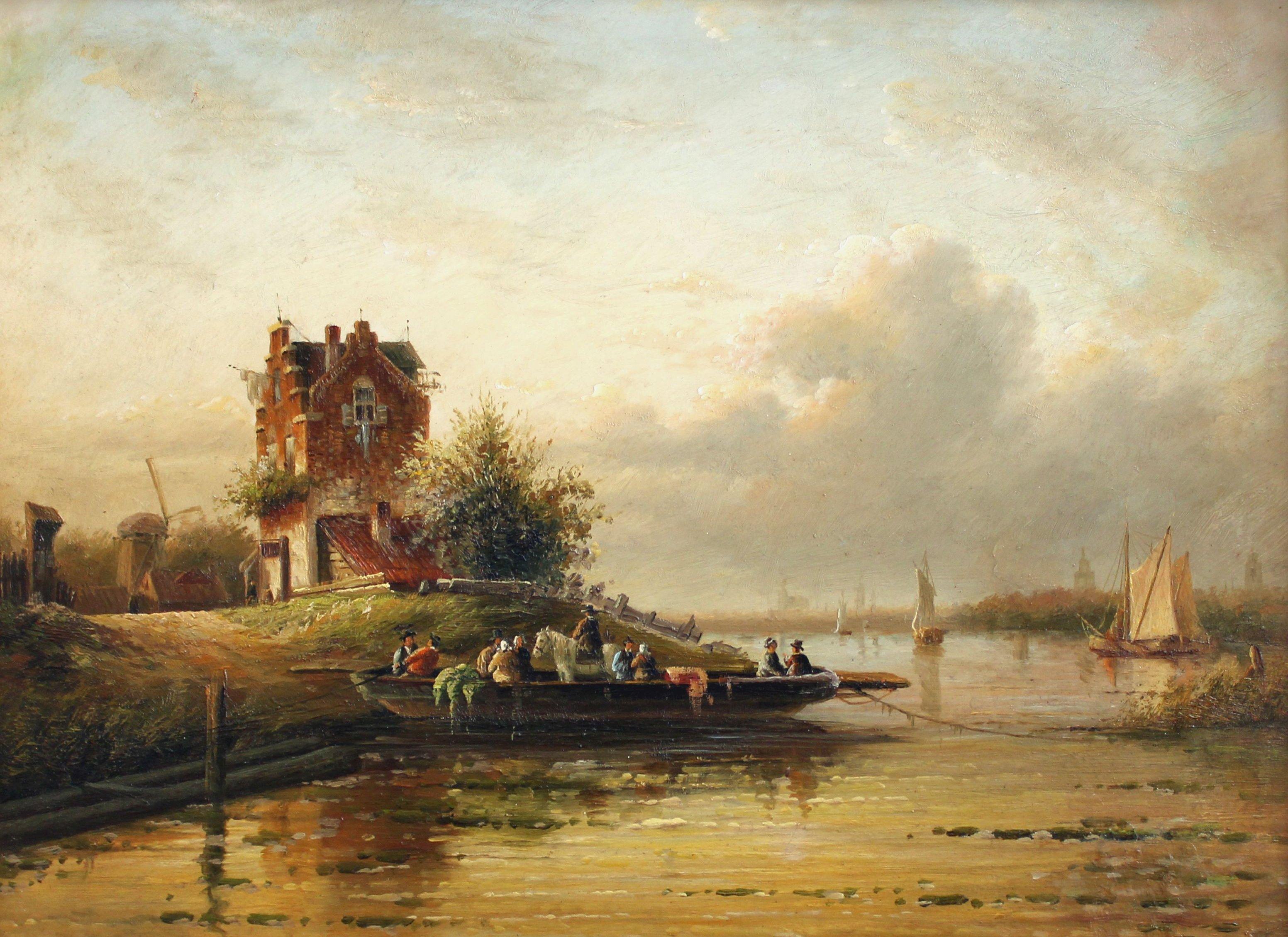 Dommersen, William Raymond Figurative Painting – Abendlandschaft am Fluss. Holz, Öl, 29x39 cm, Holz