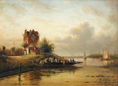 Antique Evening landscape on the river. Wood, oil, 29x39 cm