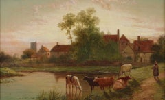 Framed Cattle Painting, Oil on Canvas, Late 19th Century, 10x16 in