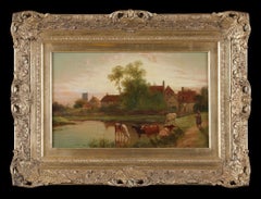 Framed Cattle Painting, Oil on Canvas, Late 19th Century, 10x16 in