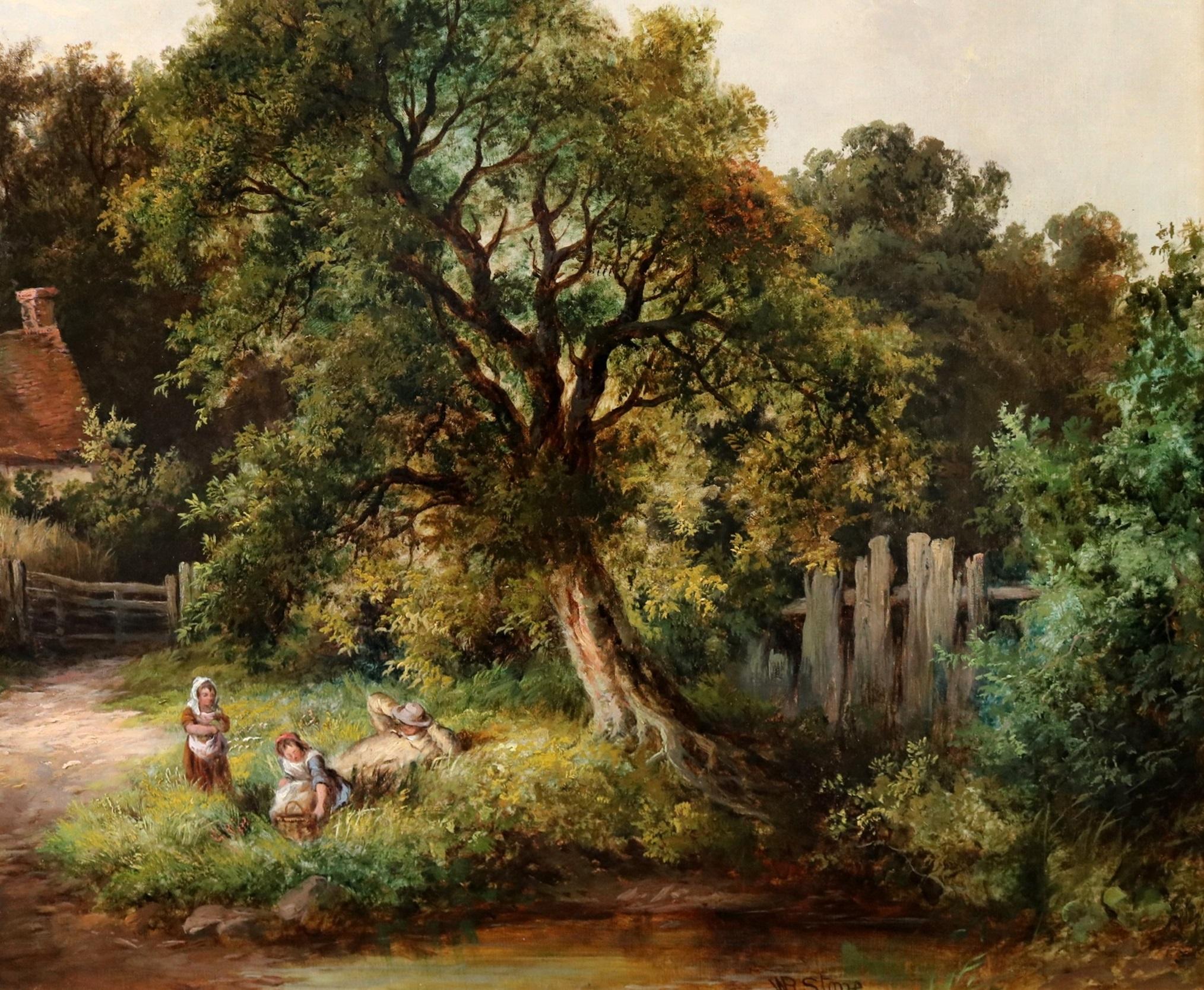 ‘A Kentish Homestead’ by William Richard Stone (1839-1889). The painting – which depicts a father and two children outside a cottage by a stream on a summer afternoon – is signed by the artist and presented in a superb quality gold metal leaf