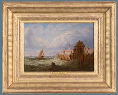 Antique Oil Painting of Sailboats in a Harbor