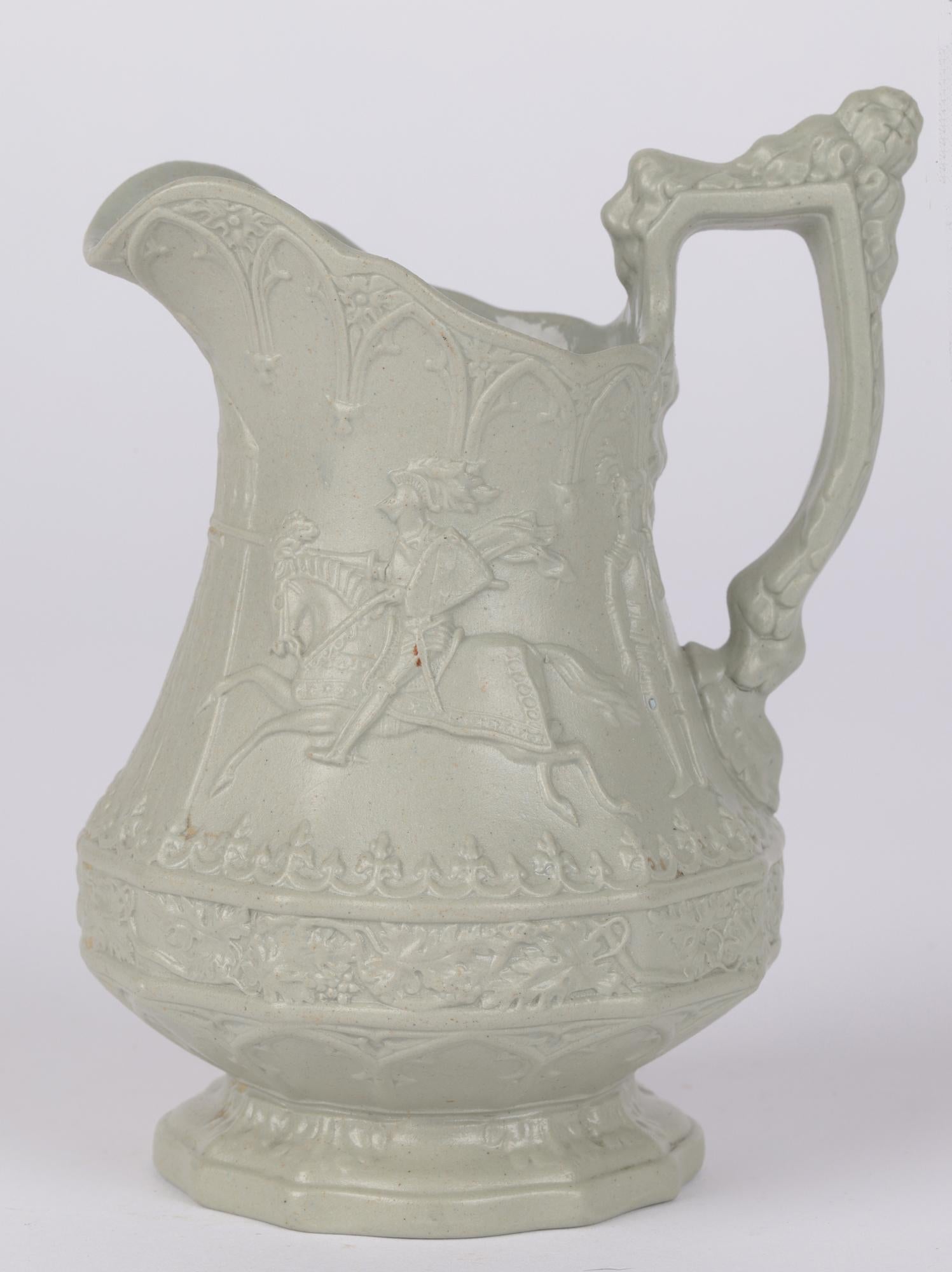 William Ridgway Antique Green Drabware Jousting Knights Jug For Sale 5