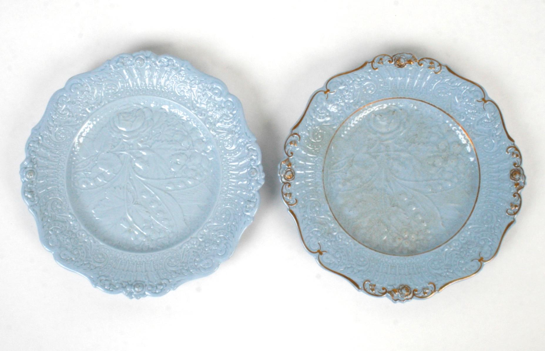 A 23 piece set of blue relief moulded Staffordshire stoneware by William Ridgway & Co. The company made stoneware in Staffordshire England from 1814-1847. Relief moulded, smear-glazed stoneware was a popular material for domestic items throughout
