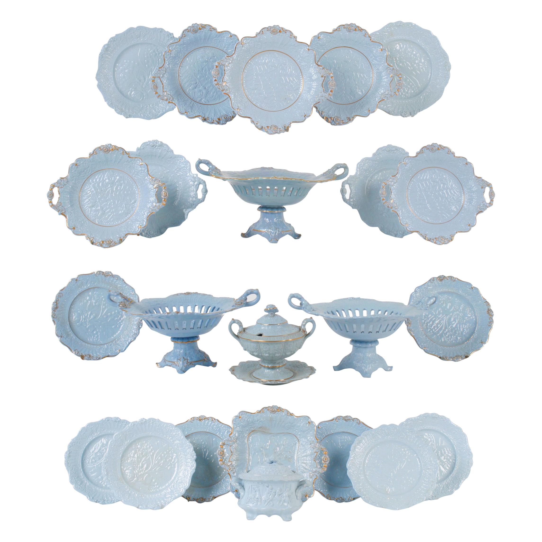 William Ridgway & Co. Blue Relief Molded Staffordshire Dinnerware, circa 1830