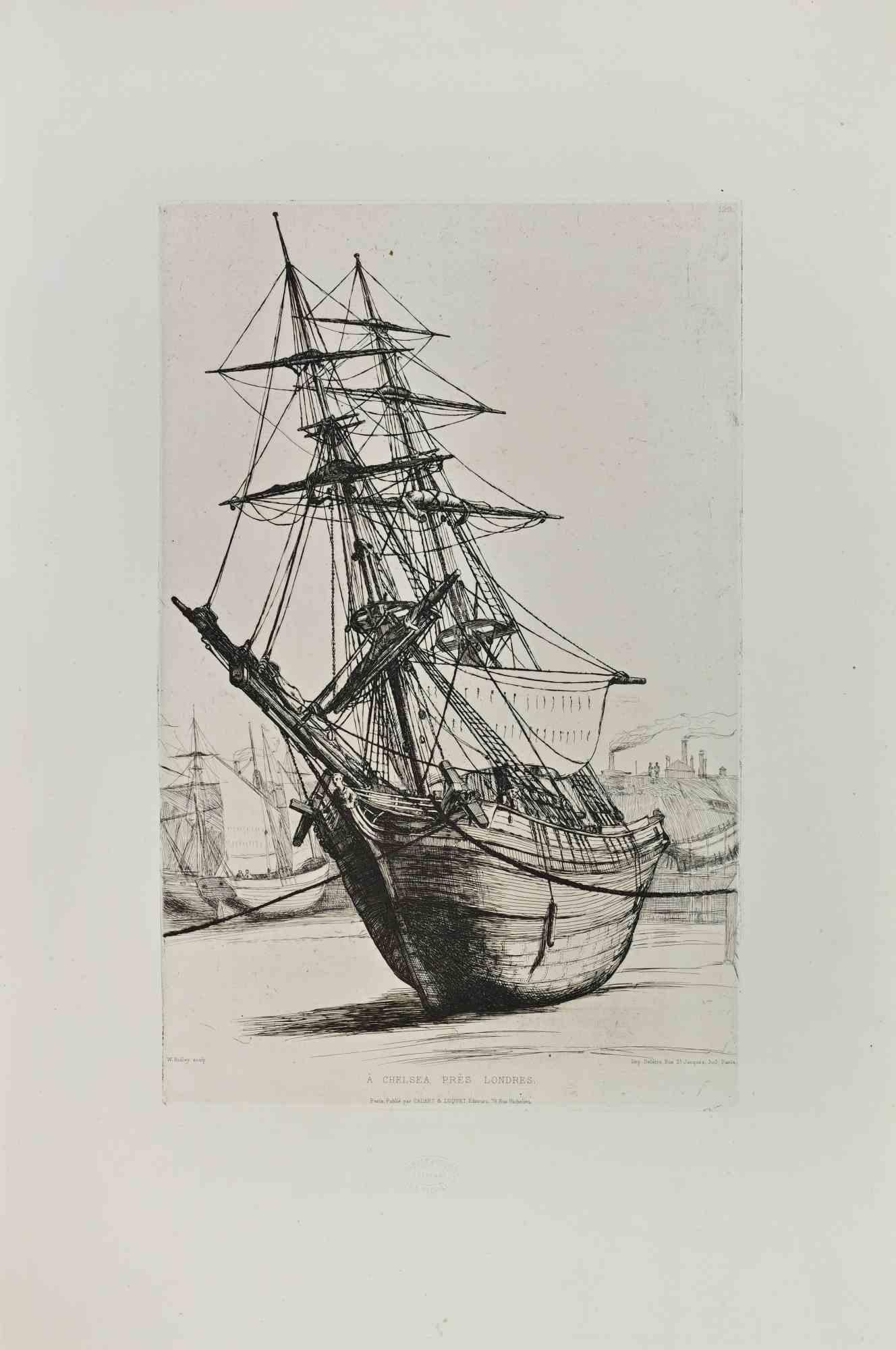 À Chelsea près Londres - Etching by William Ridley - 1865 ca.