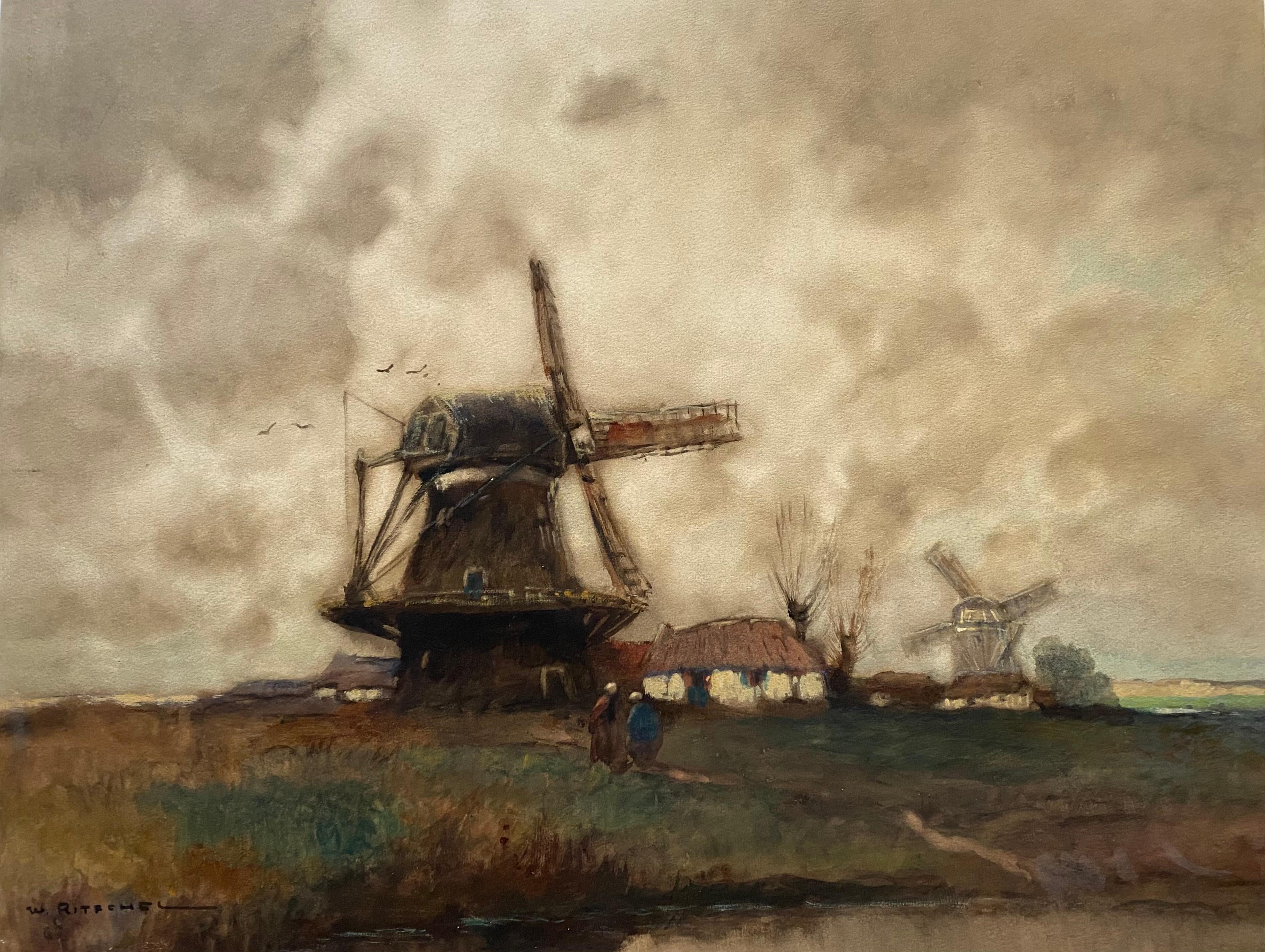 Holland Windmills - Mixed Media Art by William Ritschel