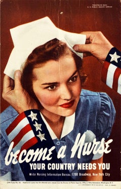 Original Vintage Poster Become A Nurse Your Country Needs You WWII Uncle Sam USA