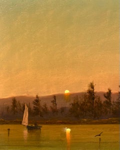 Boat at Sunset titled "Becalmed"