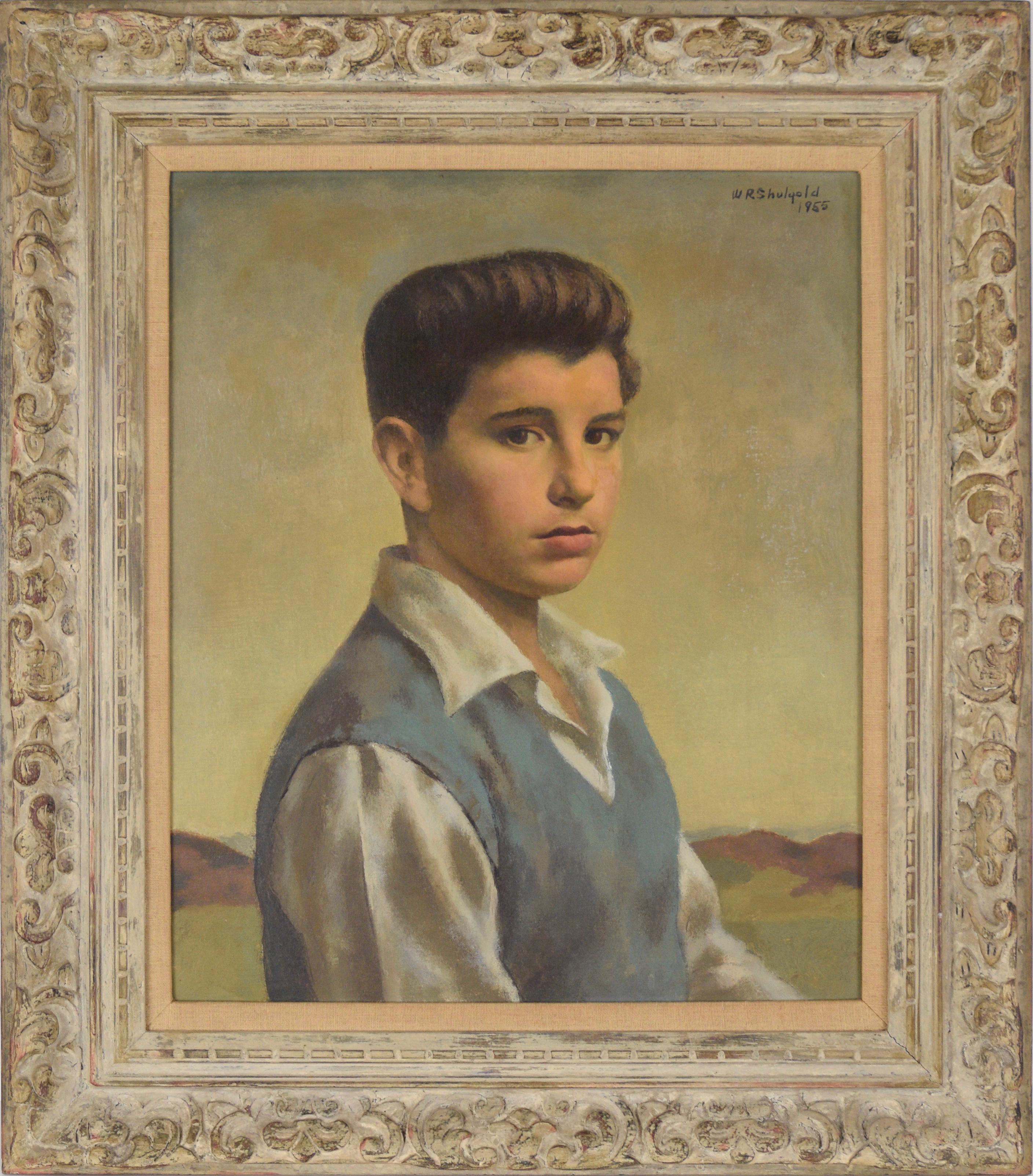 Figurative Painting William Robert Shulgold  - "Child & Child Star" Portrait du milieu du siècle d'un garçon aux yeux Brown Huile sur toile