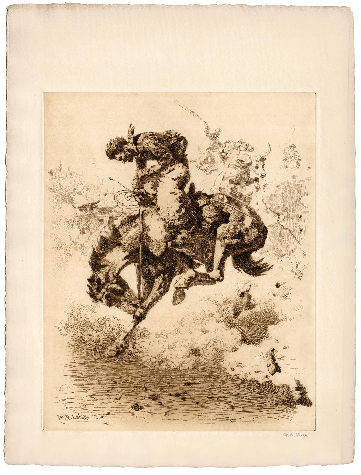 „Foul Rope (links)“ – frühes amerikanisches Rodeo – Print von William Robinson Leigh