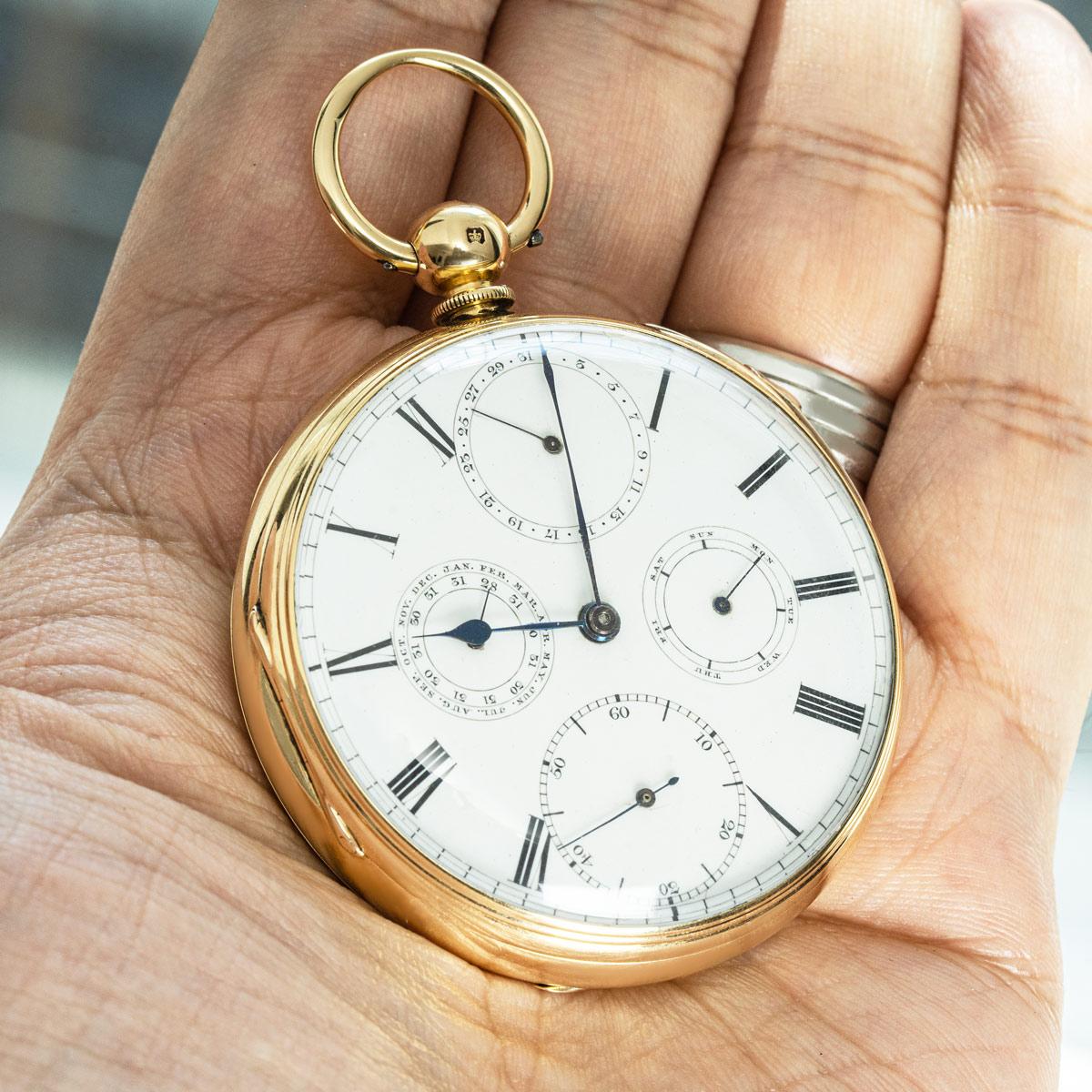 William Rogers Liverpool. A Rare Heavy Gold Keywind Quarter Repeater Calendar Pocket Watch C1862.

Dial: The perfect original white enamel dial with Roman numerals outer minute track with subsidiary dial for the date at twelve o' clock. The day