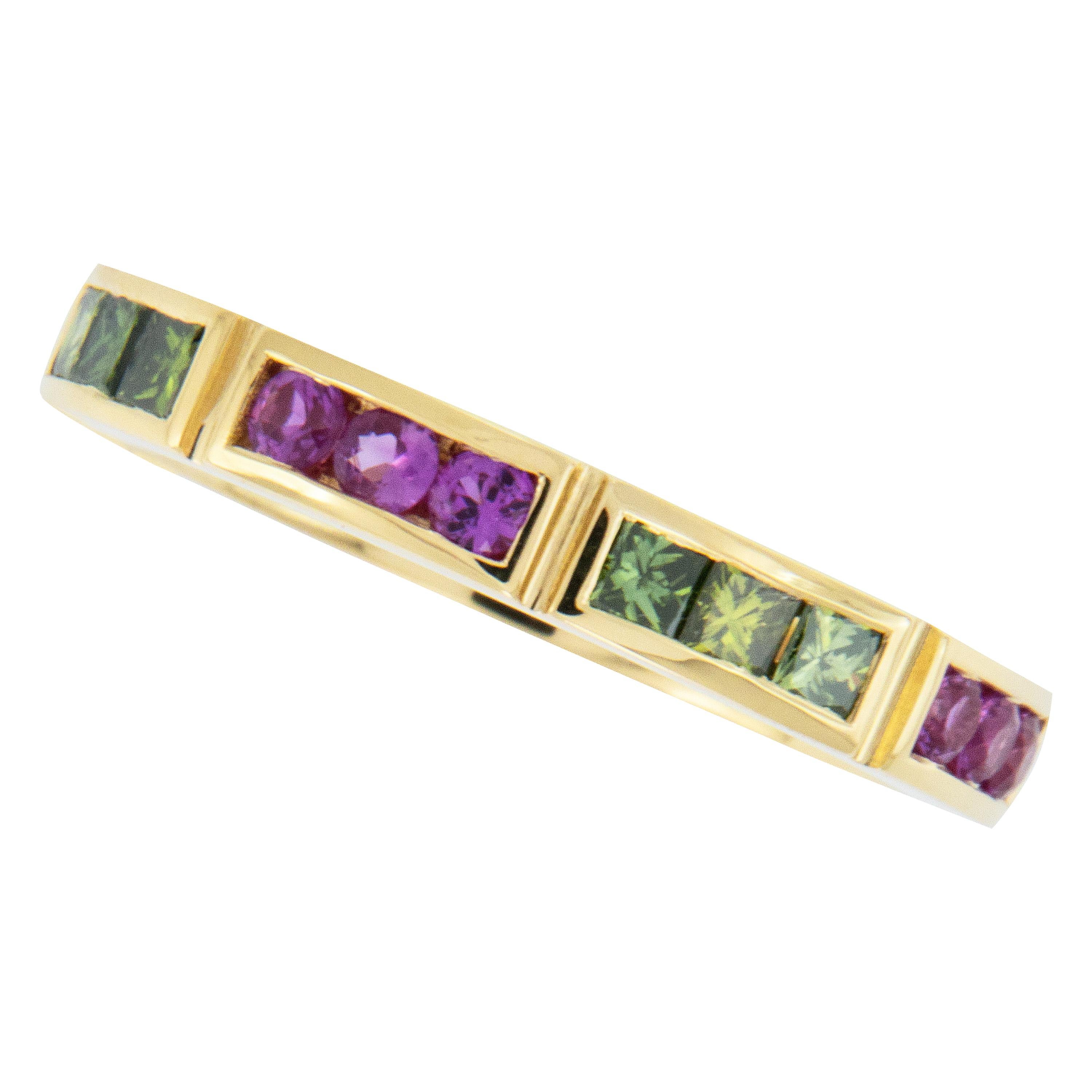 William Rosenberg 18 Karat Gold Green Diamond and Pink Sapphire Ring