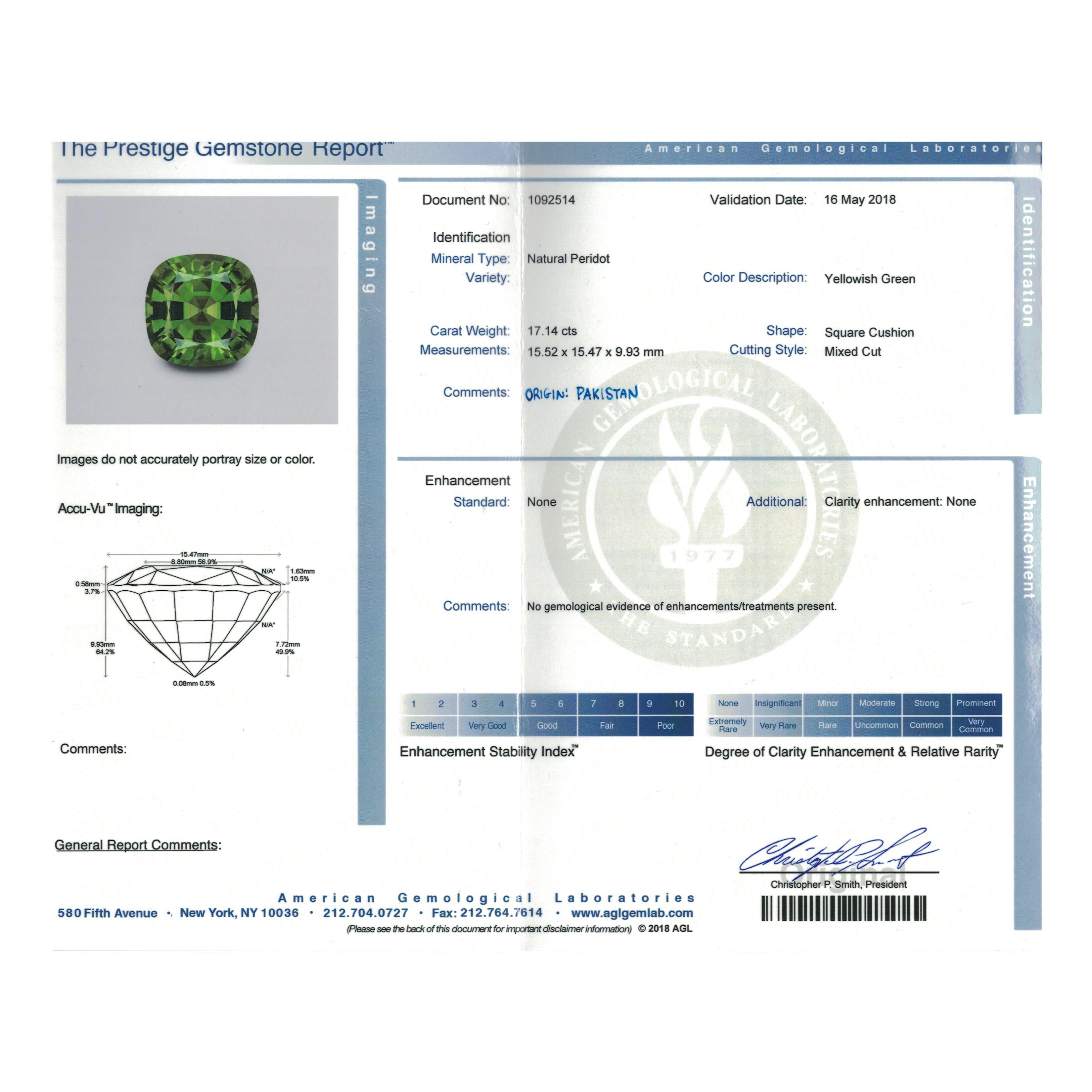 William Rosenberg 18 Karat Yellow Gold 17.14 Ct Peridot with AGL Certified Ring In New Condition For Sale In Troy, MI