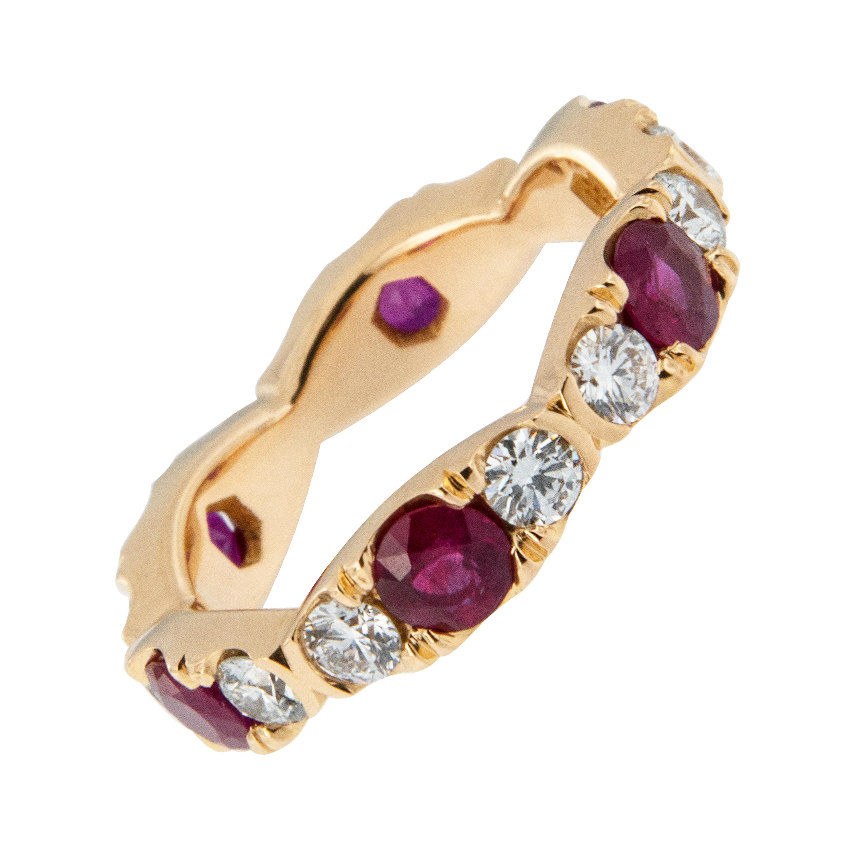 Expertly hand fabricated eternity band by William Rosenberg made from rare 20 karat gorgeous colored rose gold with 1.59 Cttw rubies & 1.05 Cttw diamonds showing hearts & arrows of VVS clarity & F color.  This scalloped ring was made in a size 6 but