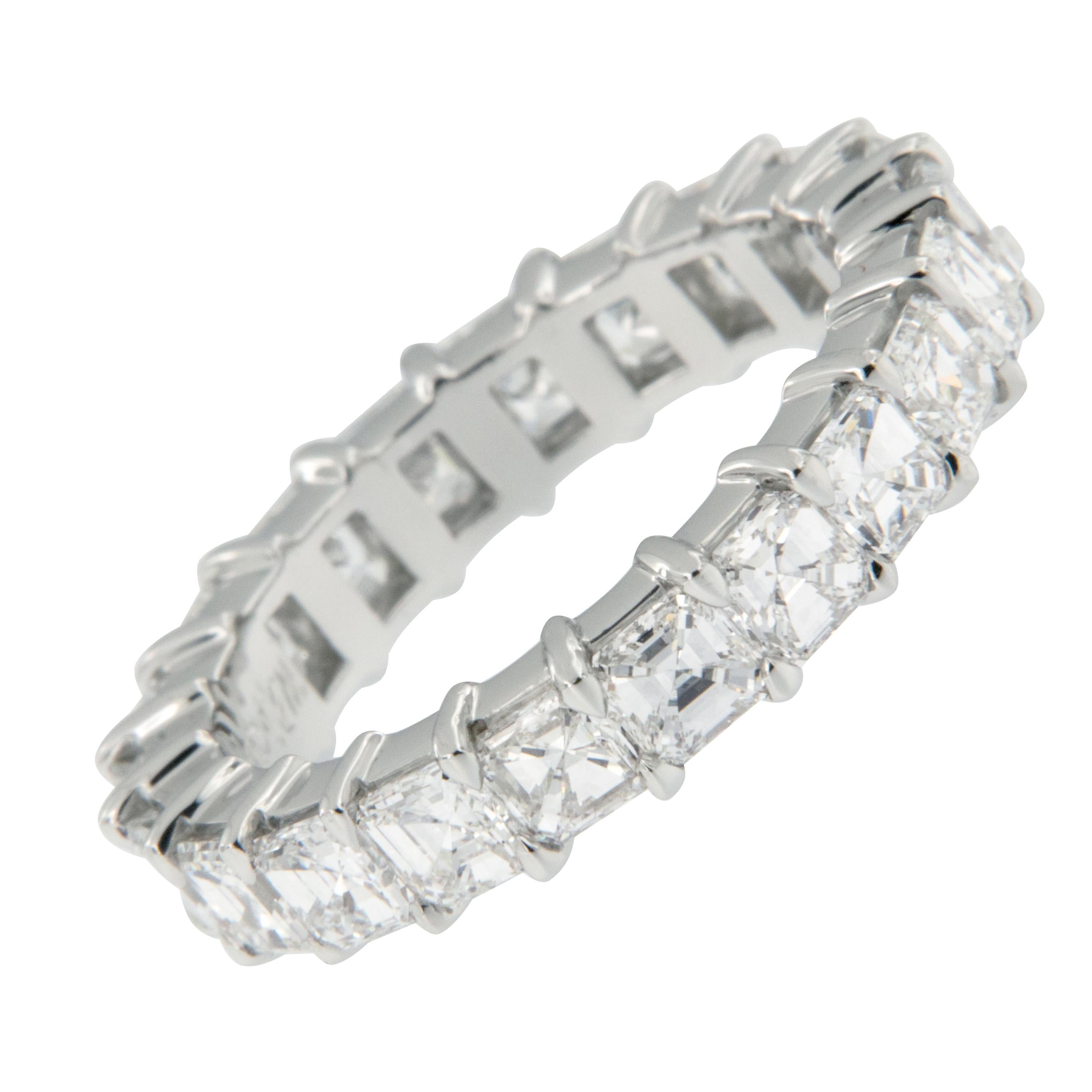 The Asscher cut was the 1st diamond cut ever patented. Similar to a square emerald cut but modified to leverage the beauty found within rough diamonds and produce a more brilliant diamond! This gorgeous platinum ring has 3.35 Cttw Asscher cut