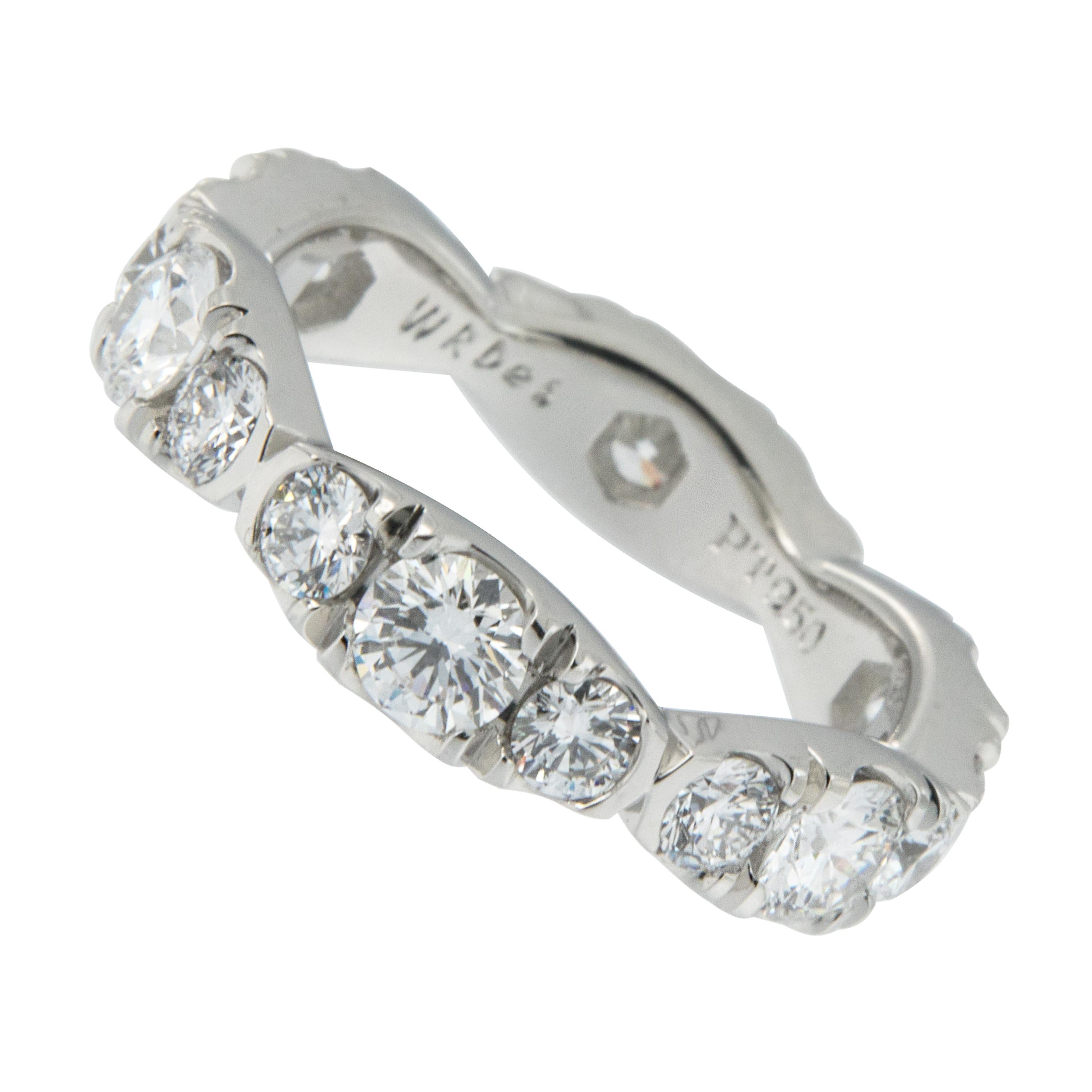 Expertly hand fabricated eternity band by William Rosenberg made from noble metal platinum with  1.03 Cttw diamonds showing hearts & arrows of VVS clarity & F color. This scalloped ring was made in a size 6 but can be custom made in any size.