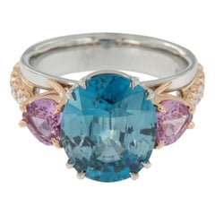 William Rosenberg Platinum Rose Gold Blue Zircon, Pink Sapphire and Diamond Ring