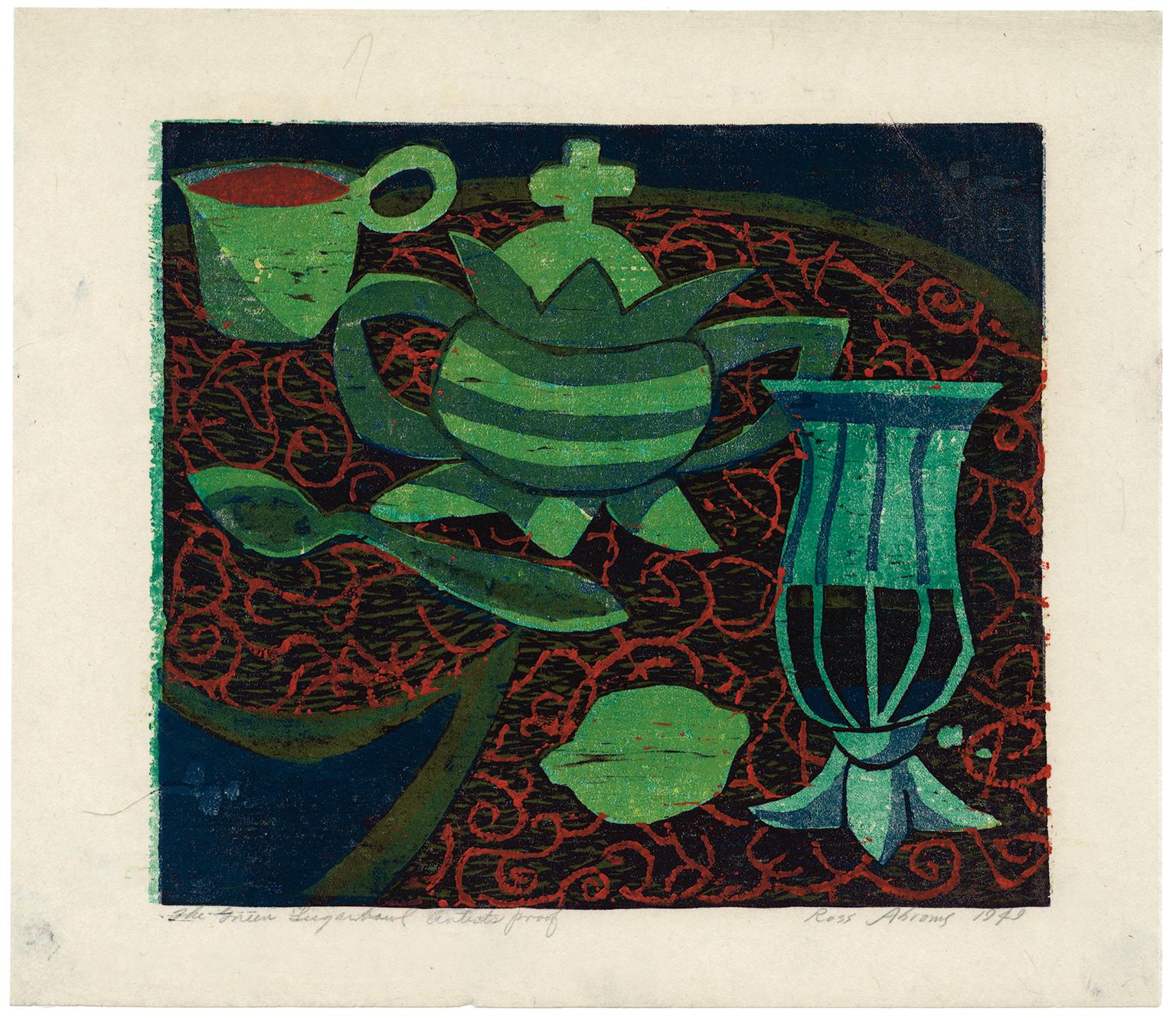 Green Sugarbowl Farbiger Holzschnitt aus der Mitte des Jahrhunderts – Print von William Ross Abrams