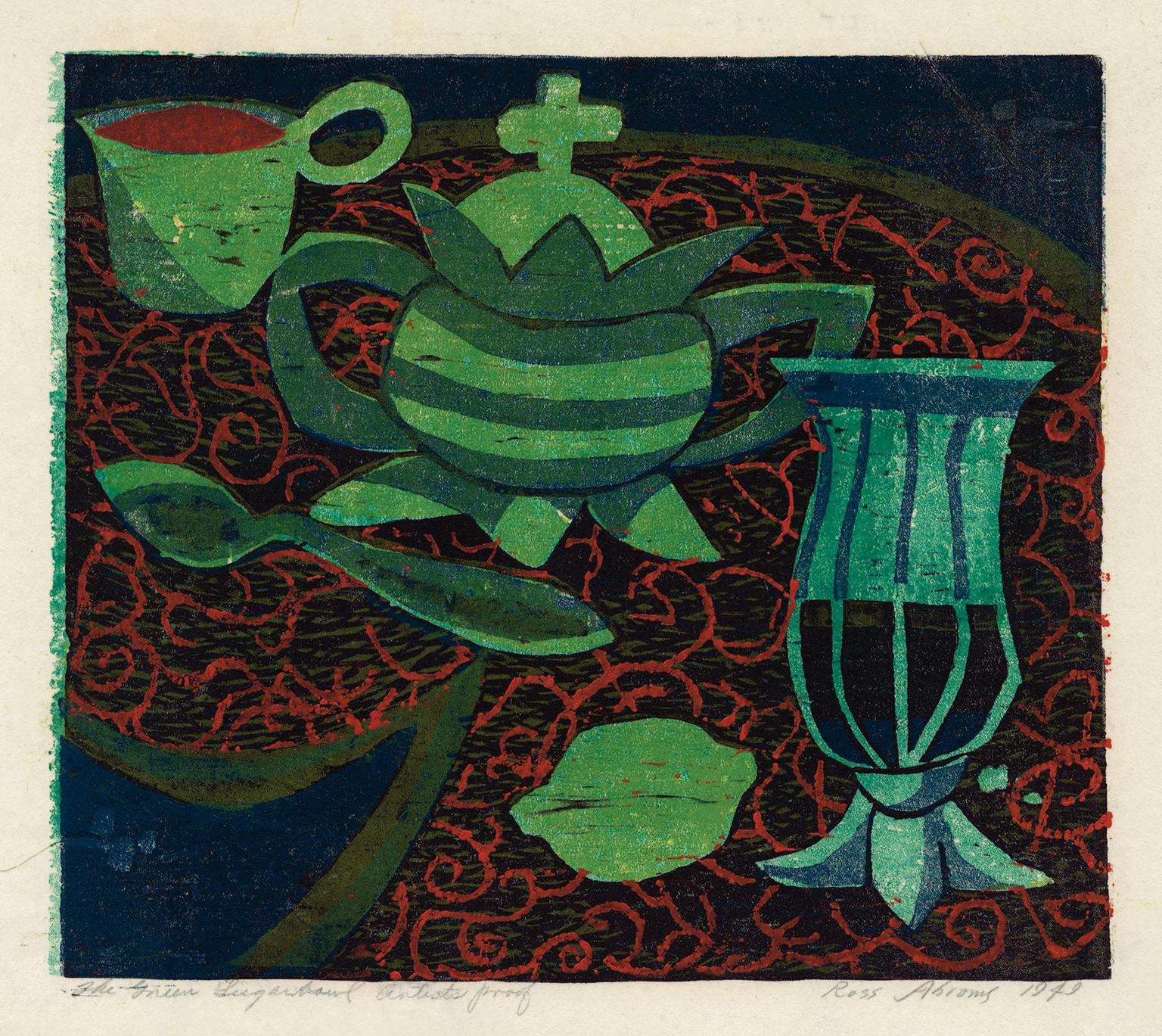 William Ross Abrams Still-Life Print – Green Sugarbowl Farbiger Holzschnitt aus der Mitte des Jahrhunderts