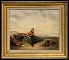 English 19th Century Coastal Fisherman Resting Beside Boats Nets & Lobster Pots