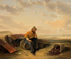 English 19th Century Coastal Fisherman Resting Beside Boats Nets & Lobster Pots