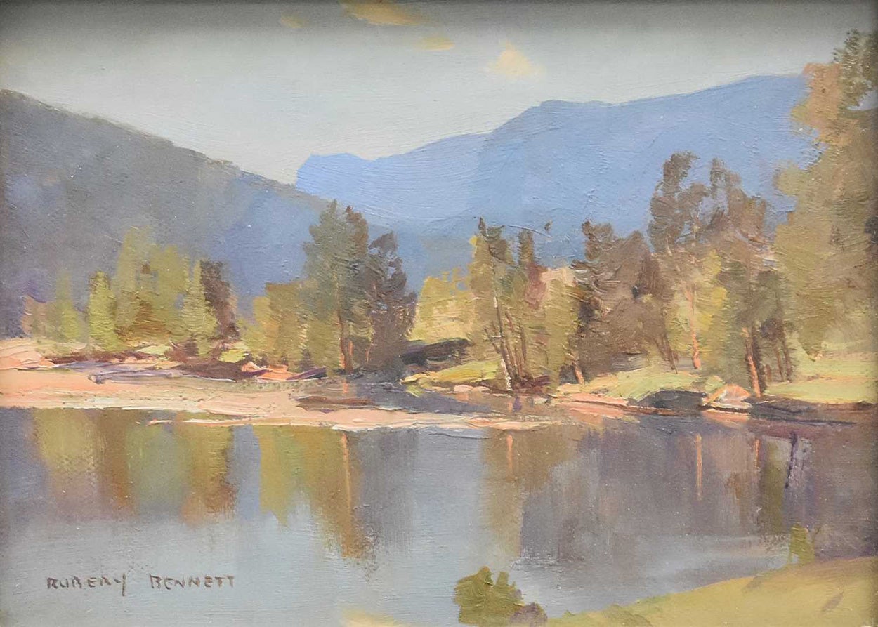 William Rubery Bennett (Australien 1893-1987) Scène de rivière, signée en bas à droite, huile sur carton, ainsi que Pêcheur et Deux femmes dans la brousse, signées en bas à droite, toutes les peintures 15,5 cm x 20 cm.  Encadré à l'identique -