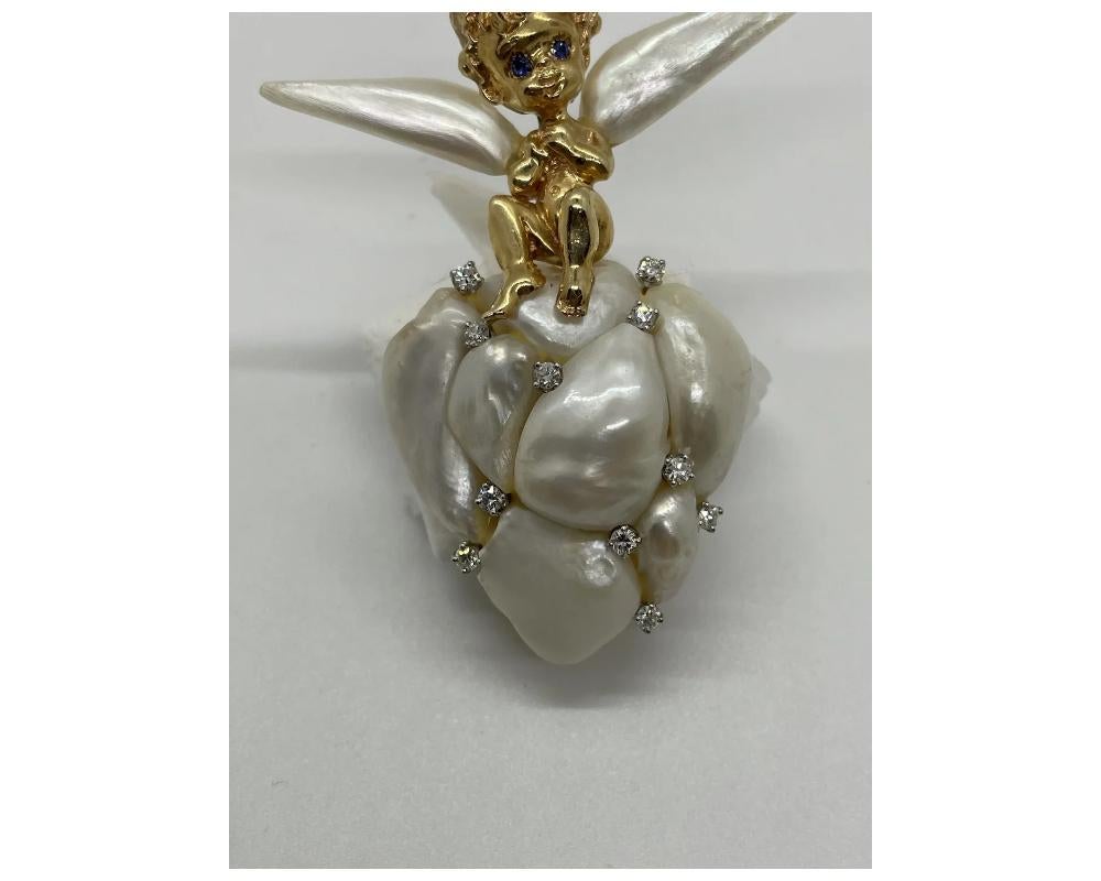 Bead William Ruser 14K Gold Cupid Cherub Angel Brooch Set With Pearls For Sale