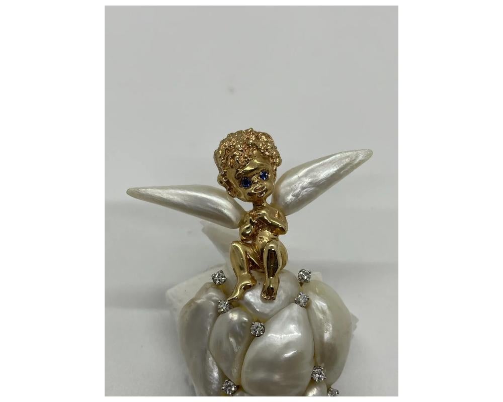 William Ruser 14K Gold Cupid Cherub Angel Brooch Set With Pearls In Good Condition For Sale In New York, NY