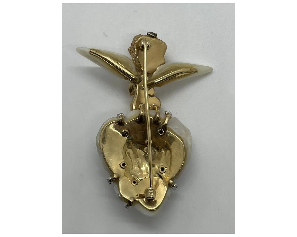 Women's William Ruser 14K Gold Cupid Cherub Angel Brooch Set With Pearls For Sale