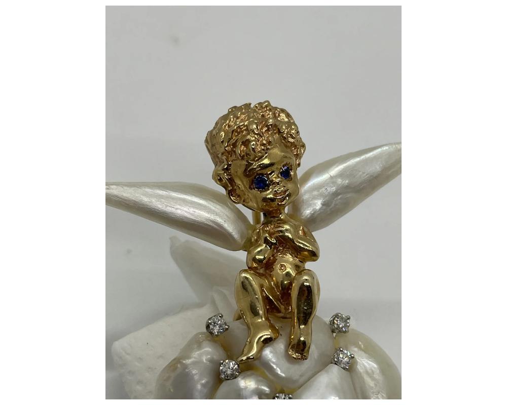 William Ruser 14K Gold Cupid Cherub Angel Brooch Set With Pearls For Sale 1