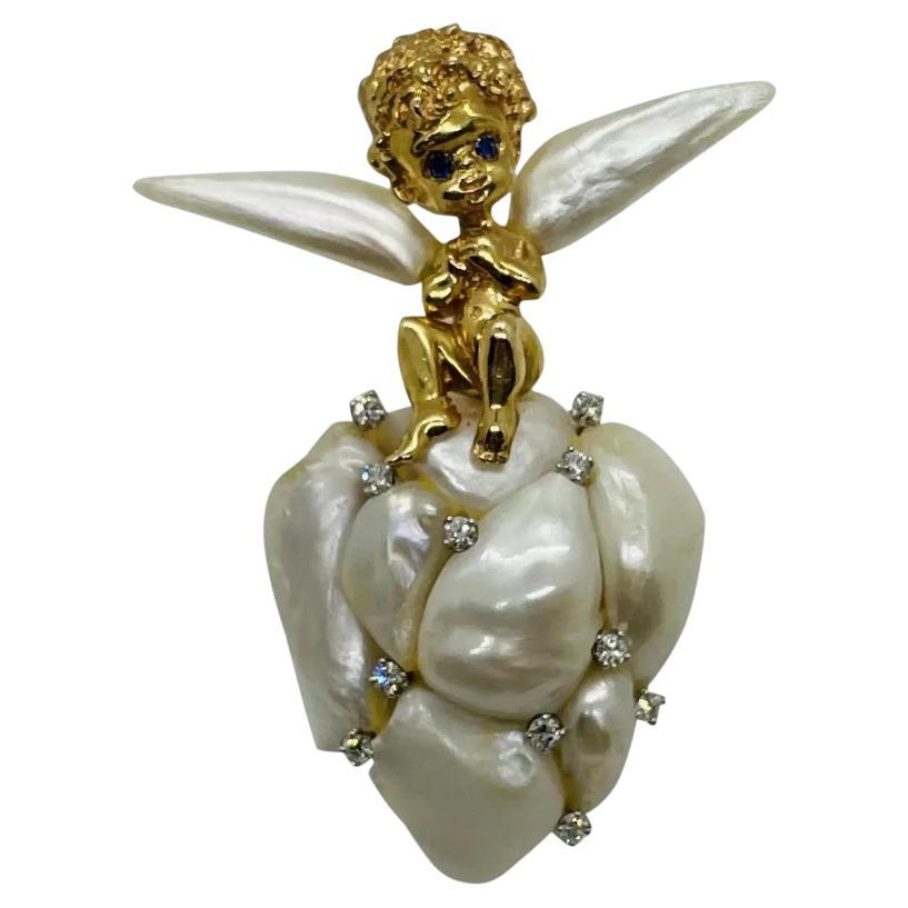 William Ruser 14K Gold Cupid Cherub Angel Brooch Set With Pearls For Sale