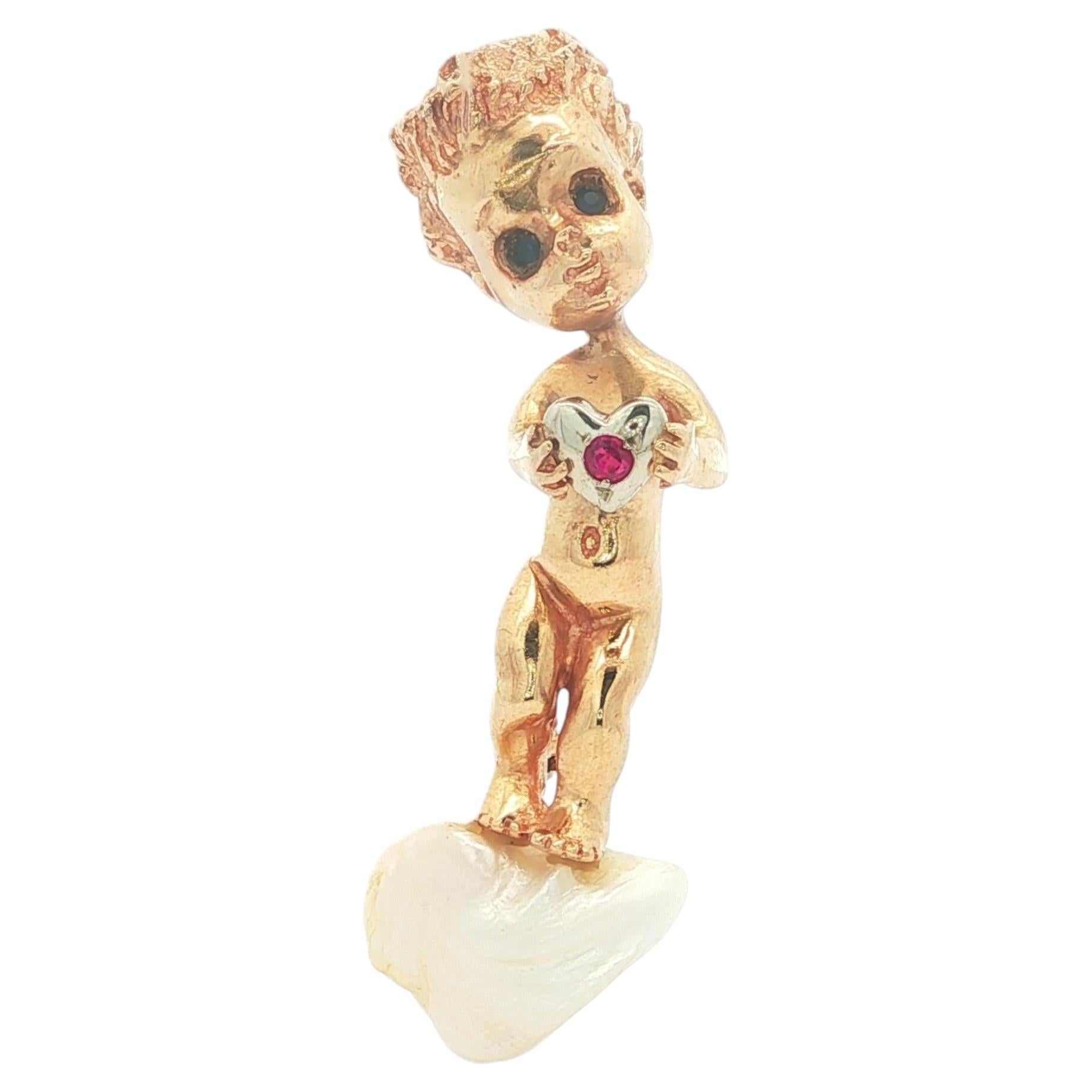 William Ruser 14k Gold Sapphire Ruby & Pearl Cherub Child Holding Heart Brooch