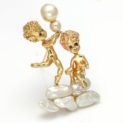 William Ruser 14 Karat Yellow Gold Pearl Sapphire Robbie and Ruthie Brooch