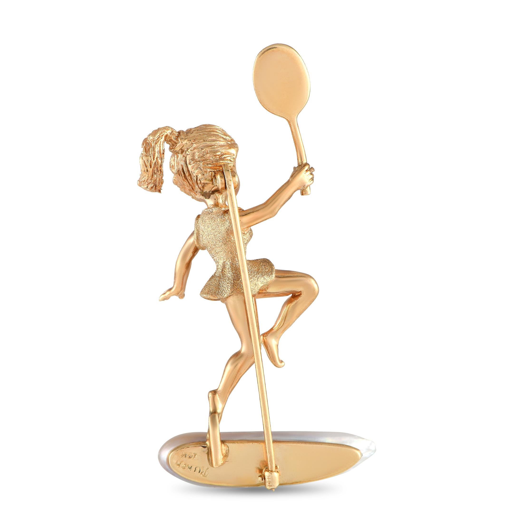 Tennis players of all ages will fall in love with this charming brooch from William Ruser. Crafted from 14K Yellow Gold, it measures 2.35 long by 1.15 wide and depicts a girl holding a tennis racket. Pearl accents add extra visual impact to this