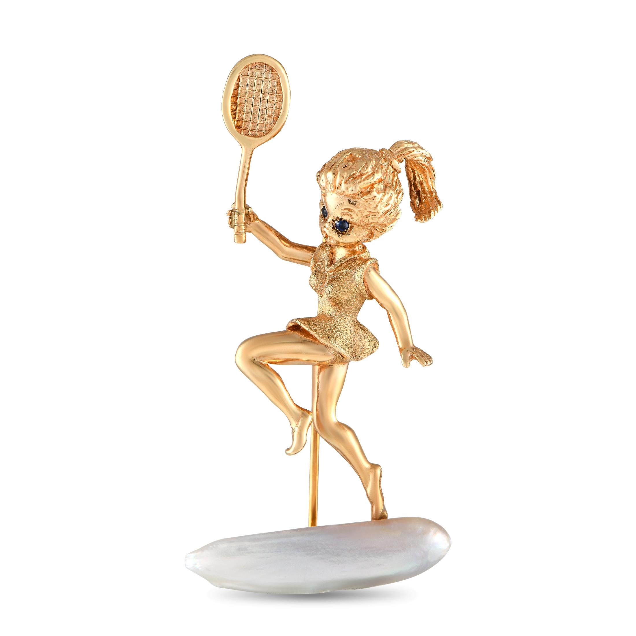 William Ruser 14K Yellow Gold Pearl & Sapphire Tennis Player Brooch MF05-012324 In Excellent Condition In Southampton, PA