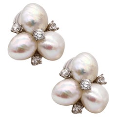 Vintage William Ruser 1950 Clip on Earrings in Platinum with Natural Pearls and Diamonds