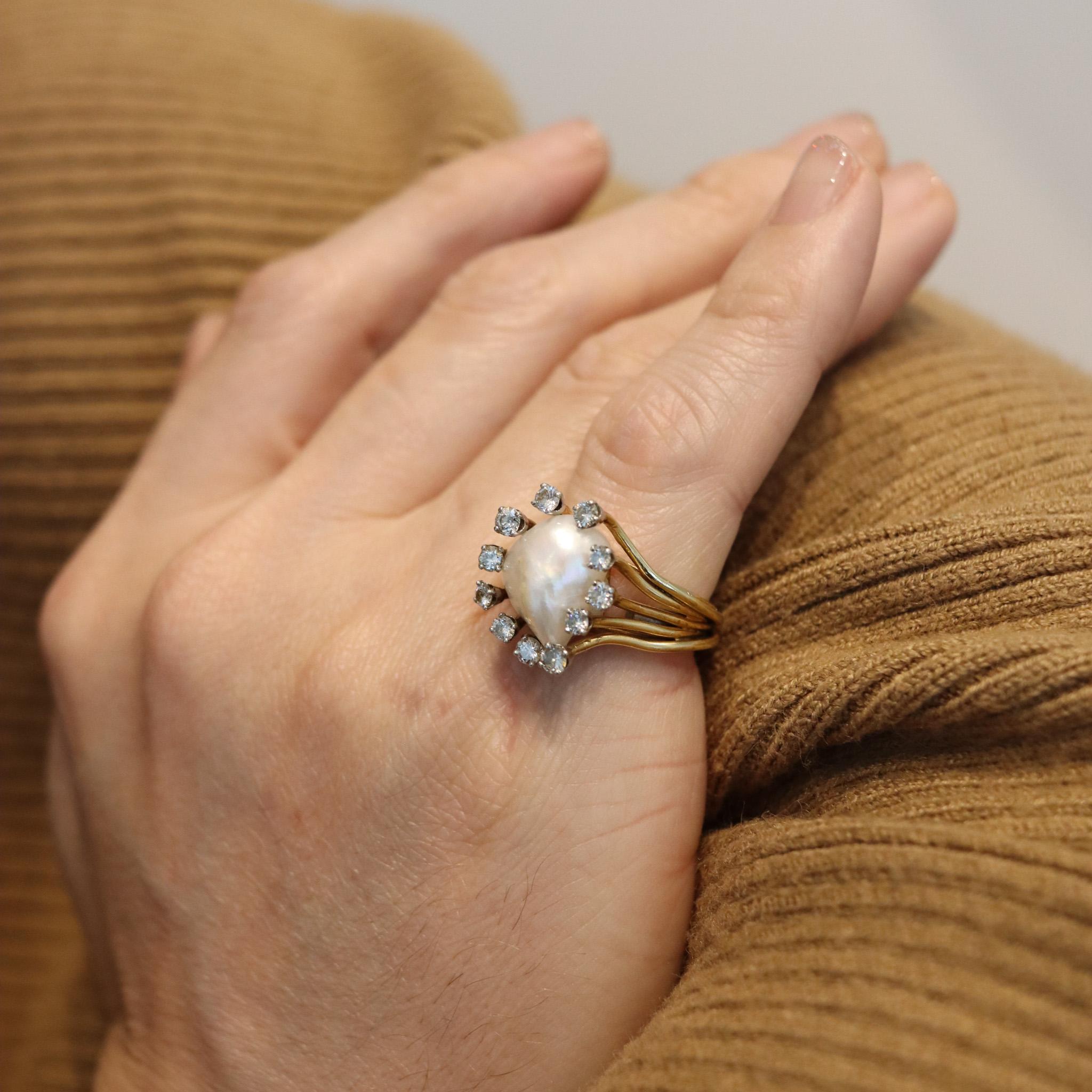 Cocktail ring with natural pearl designed by William Ruser.

Beautiful cocktail ring, created in Beverly Hill California back in the 1950 by the jewelry designer William Ruser, back in the 1950. This ring is rare and has been crafted with a free