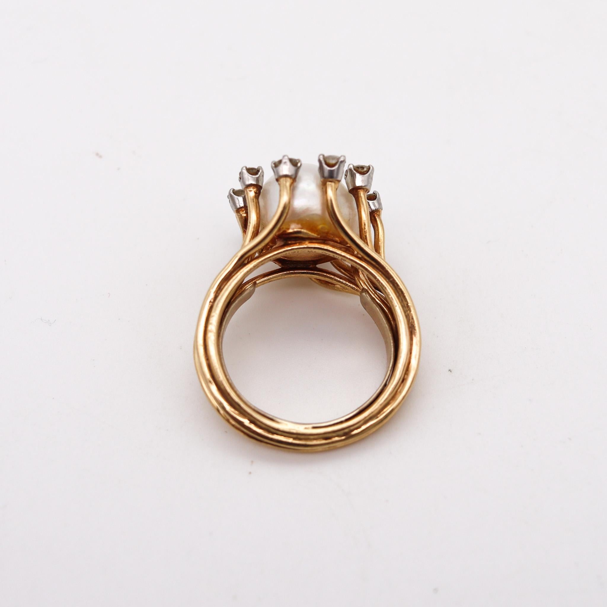 William Ruser 1950 Cocktail Ring 18kt Gold Platinum with Natural Pearl & Diamond In Excellent Condition For Sale In Miami, FL