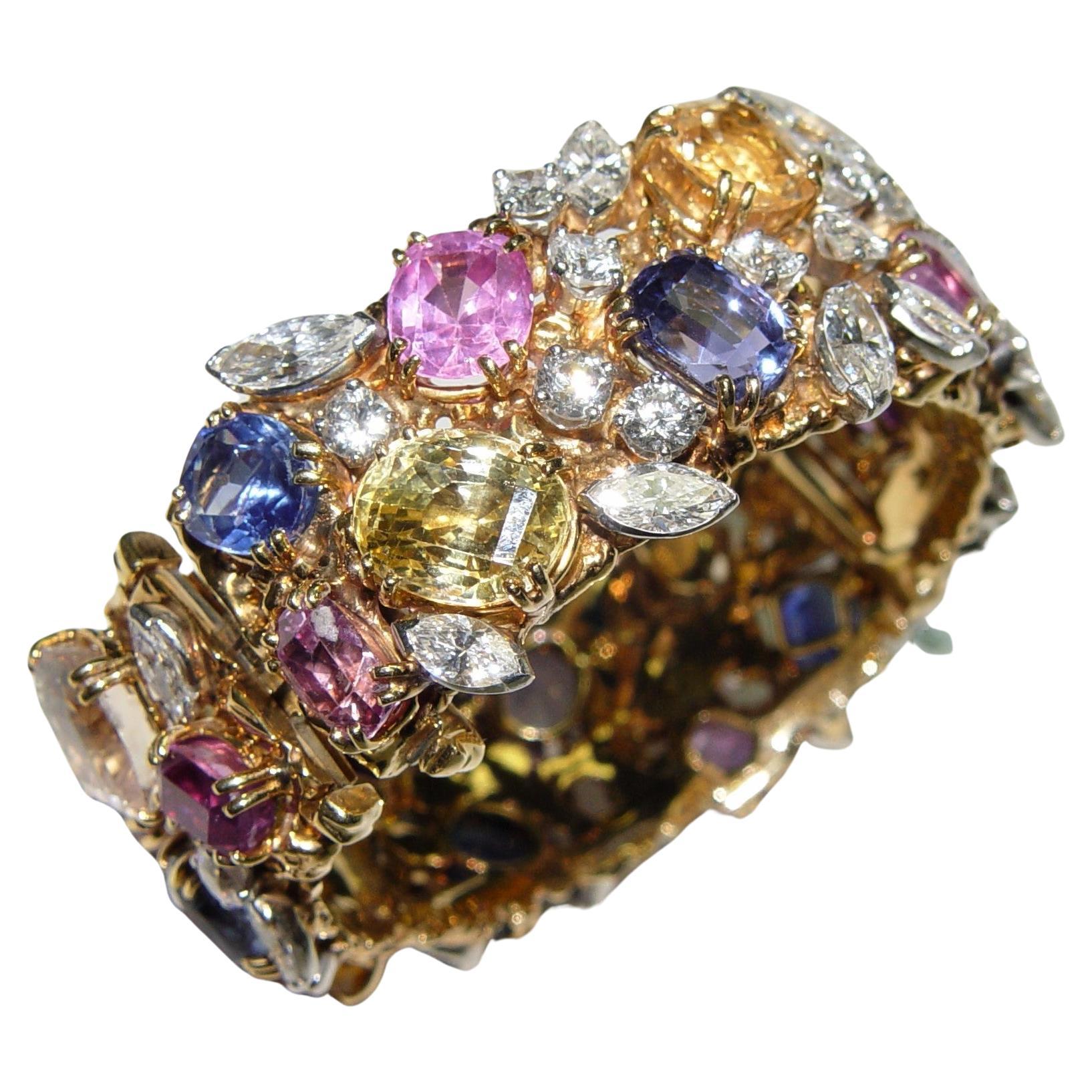 William Ruser Diamant- Ceylon-Saphire-Armband 18K/PT C. Dunaigre/NGI im Angebot