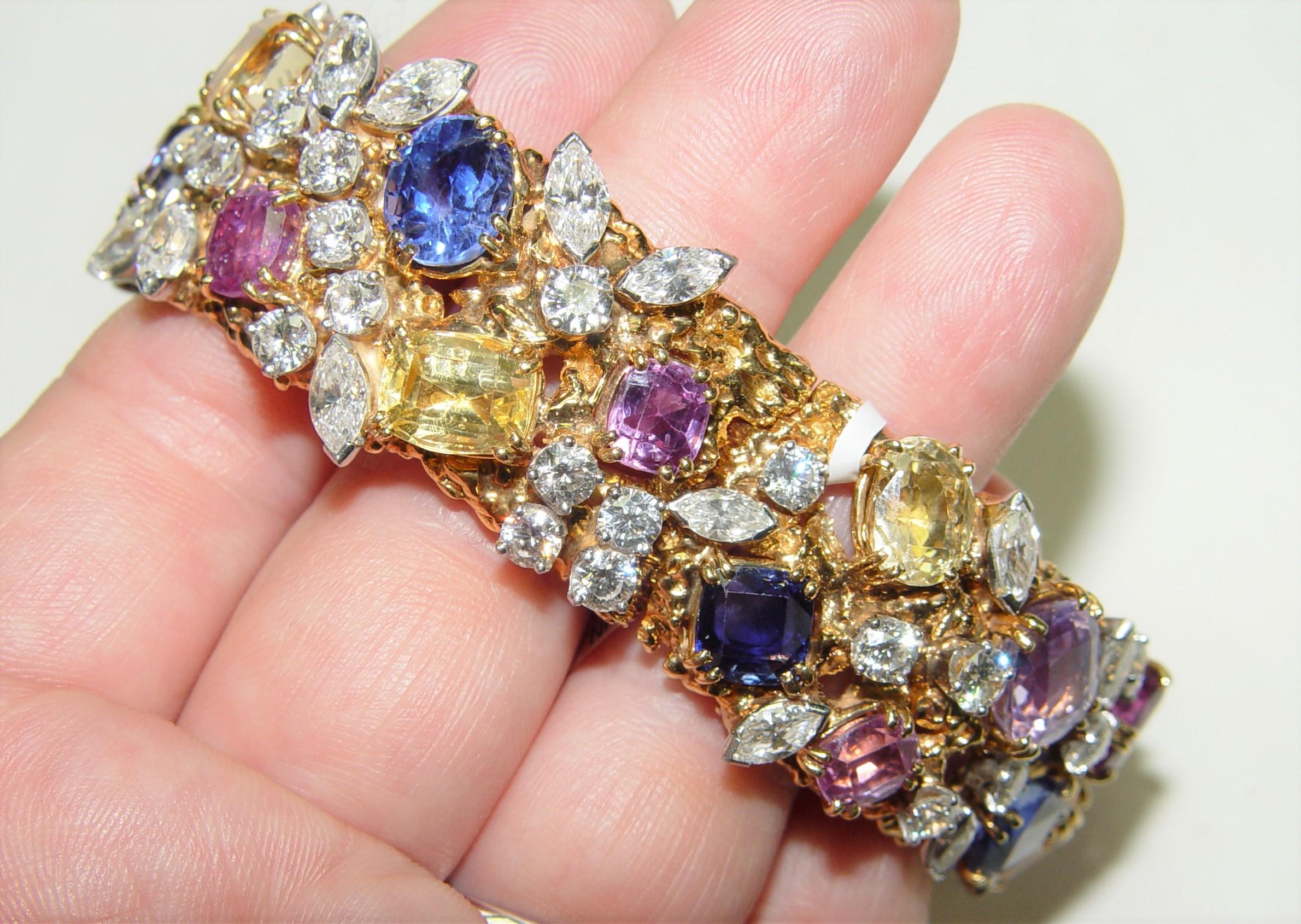 Retro William Ruser Diamond Ceylon Sapphires Bracelet 18K/PT C. Dunaigre/NGI For Sale
