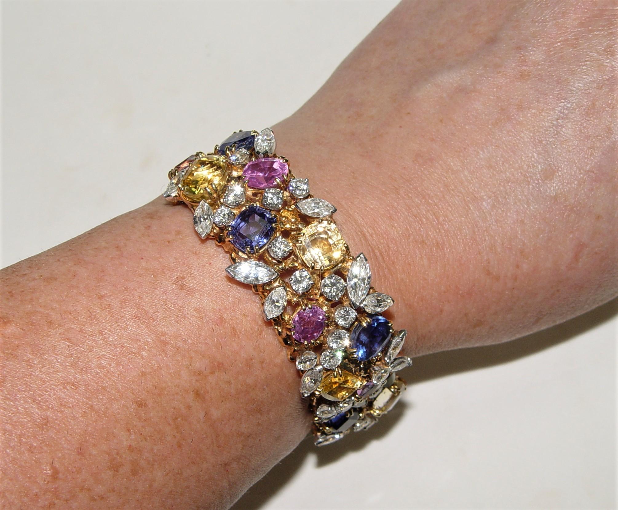 Mixed Cut William Ruser Diamond Ceylon Sapphires Bracelet 18K/PT C. Dunaigre/NGI For Sale