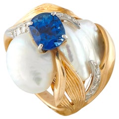 William Ruser Vintage Platinum and 14K Yellow Gold 0.16ct Diamond, Sapphire Ring