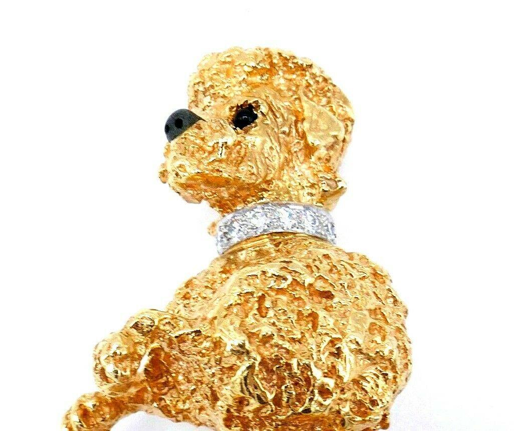 Round Cut William Ruser Vintage Yellow Gold Diamond Onyx Poodle Pin For Sale